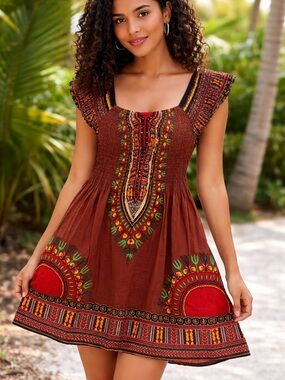 Advance Boho Dashiki Smocked Off-Shoulder Mini Dress - Vibrant African Print